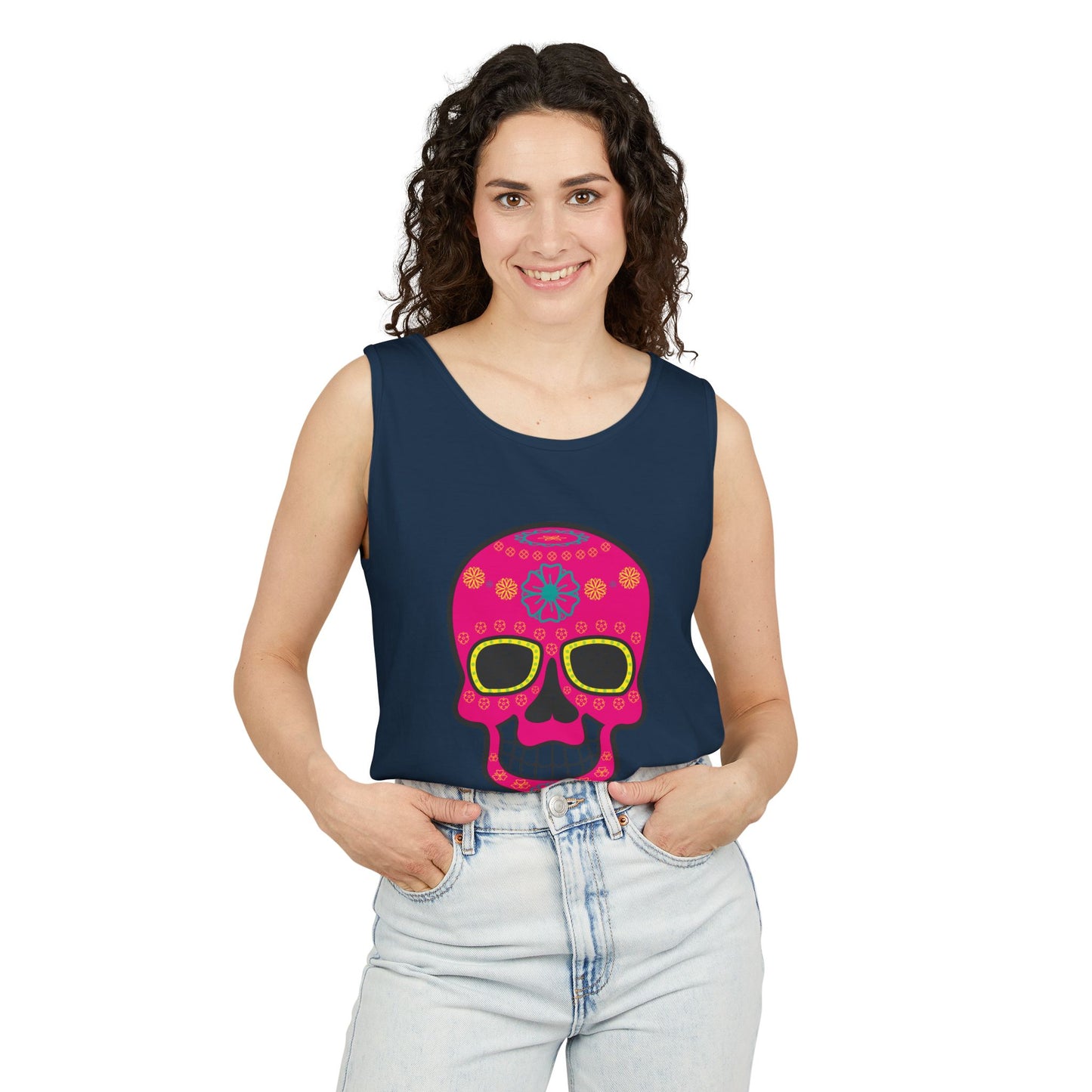 Colorful Dia de los Muertos Skull Tank Top, Unisex Summer Tee, Festival Wear