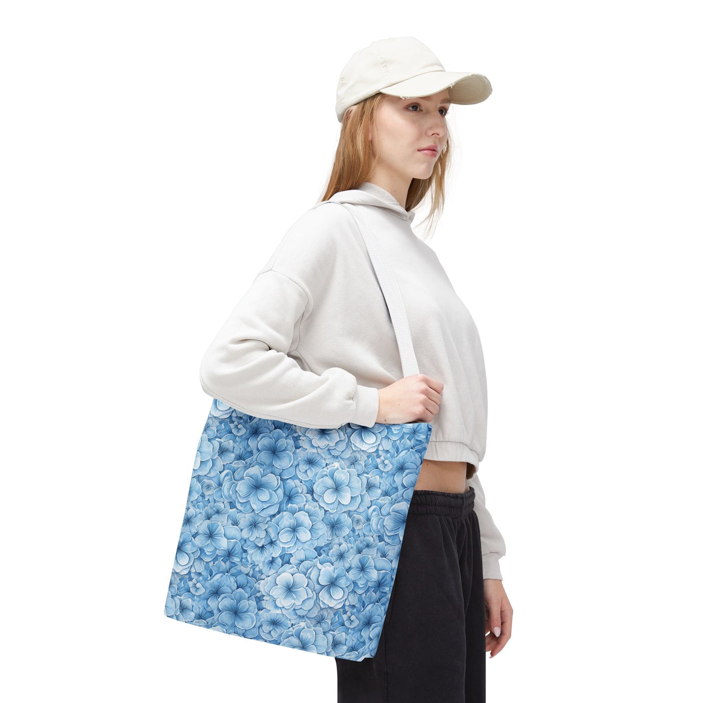 Blue Watercolor Floral Tote Bag — Reusable Flower Pattern Shopper
