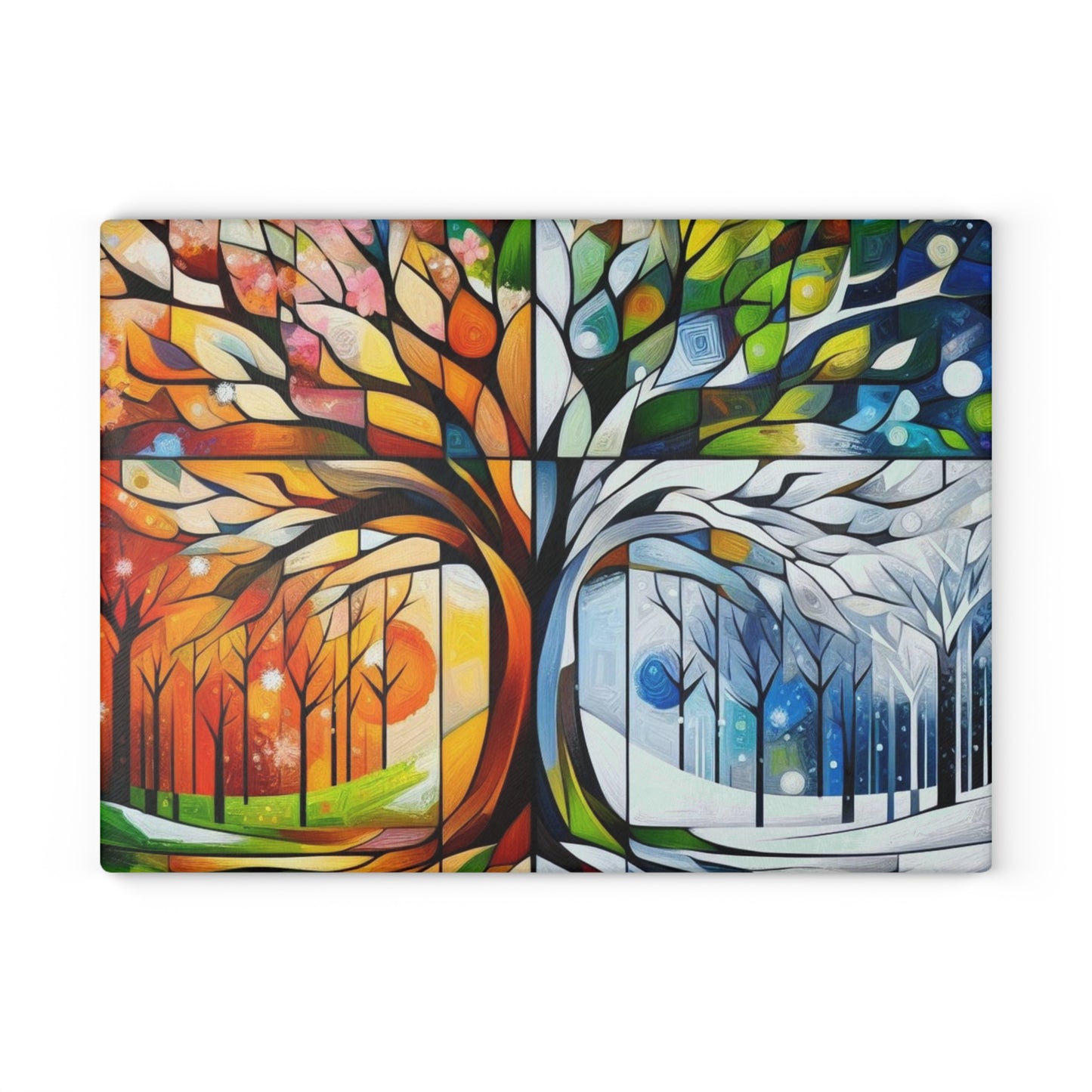 Four Seasons Tree Glass Cutting Board — Colorful Seasonal Kitchen Decor