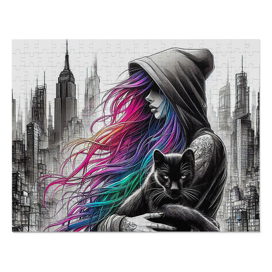 Mystical Urban Jigsaw Puzzle with Tin, Colorful Cat Puzzle, Artistic Wall Decor, Gift for Cat Lovers, Puzzle Enthusiasts