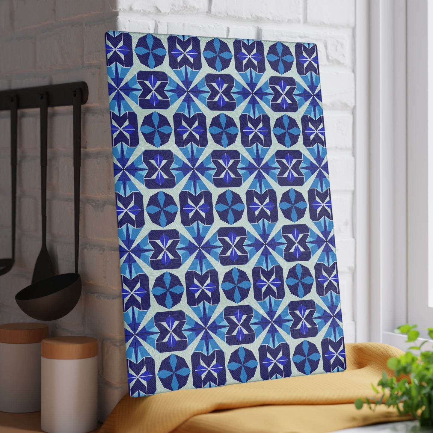 Blue Moroccan Tile Glass Cutting Board — Decorative Kitchen Chopping Board