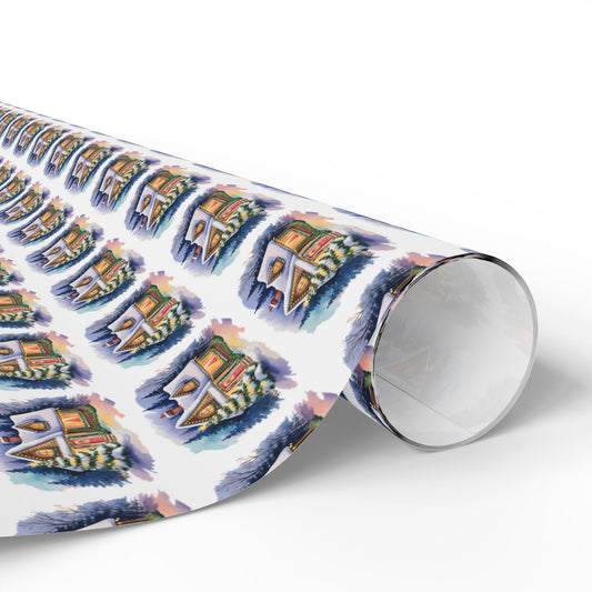 Wrapping Paper — Festive Village House Pattern Gift Wrap (Holiday & Christmas)
