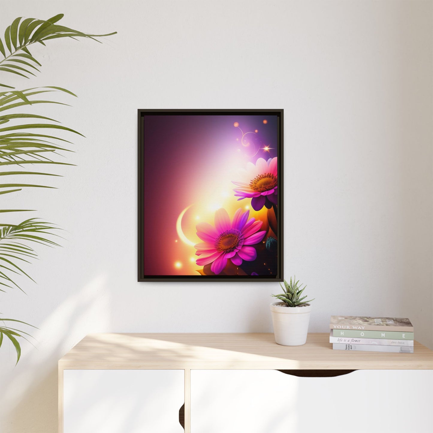 Framed Floral Canvas Art — Pink Daisies Sunset Wall Print