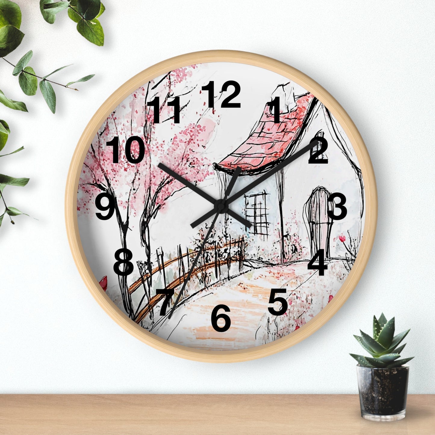 Cottage Garden Wall Clock — Hand-Drawn Pink Blossom Scene