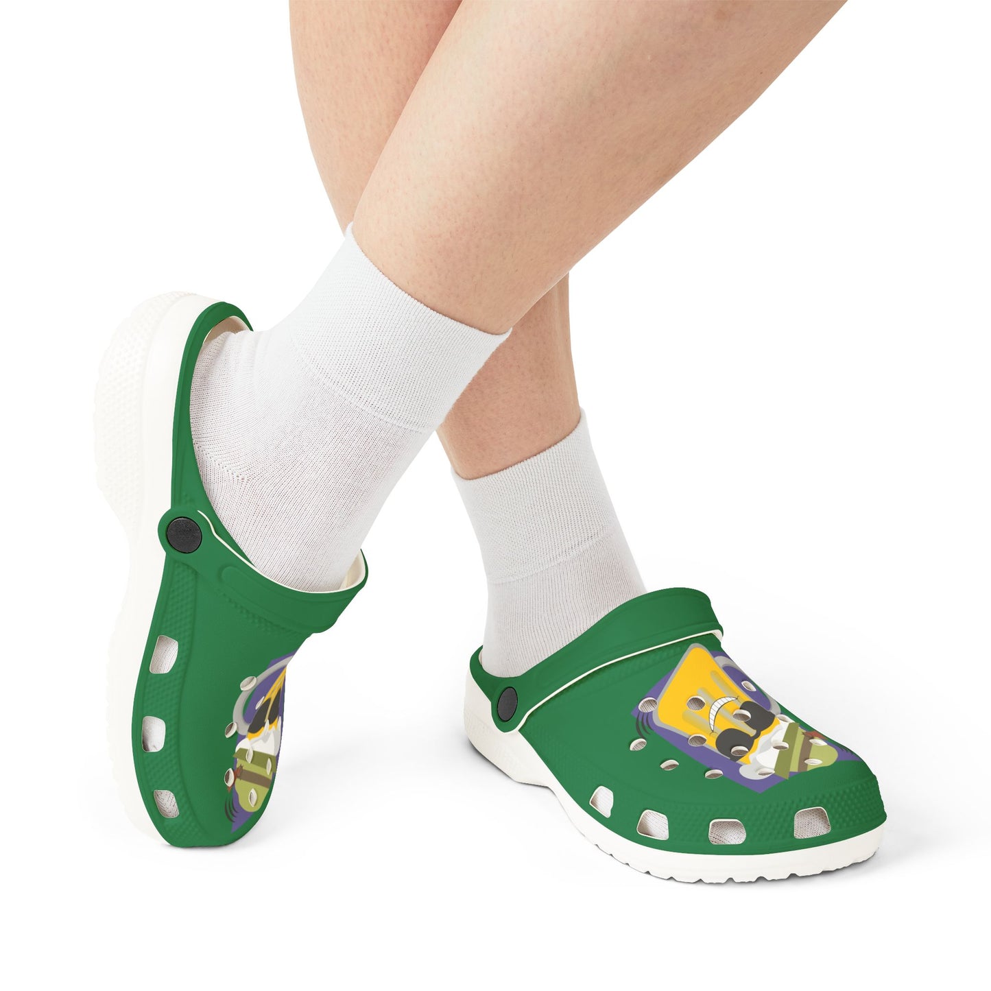 Green Foam Clogs with Cool Sunglasses Mug Graphic — Fun Casual Slip-On Shoes