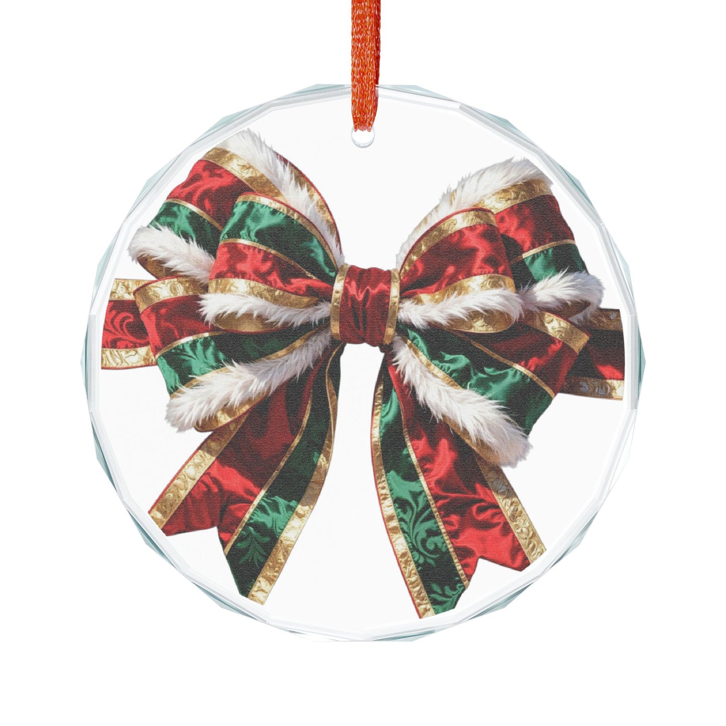 Crystal Heart Ornament — Festive Red & Green Holiday Bow