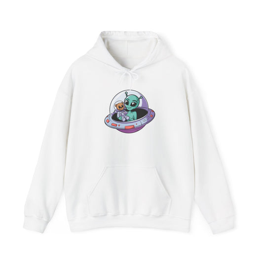 Cute Alien and Kid Hoodie, Unisex Heavy Blend Sweatshirt, UFO Lover Gift, Halloween Costume, Space-Themed Outfit, Birthday Present
