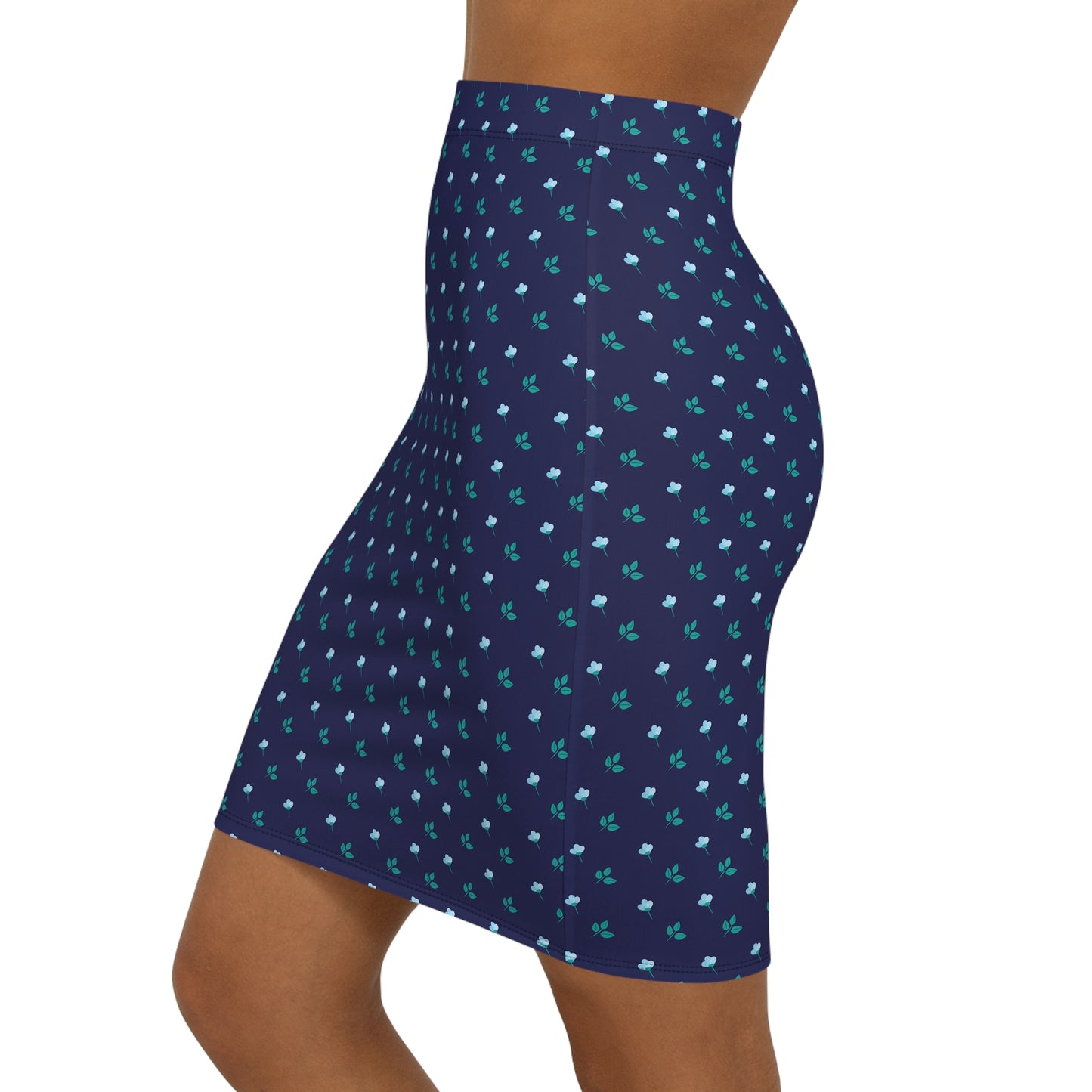 Pencil Skirt — Navy Blue Mini with Teal Floral Dot Print