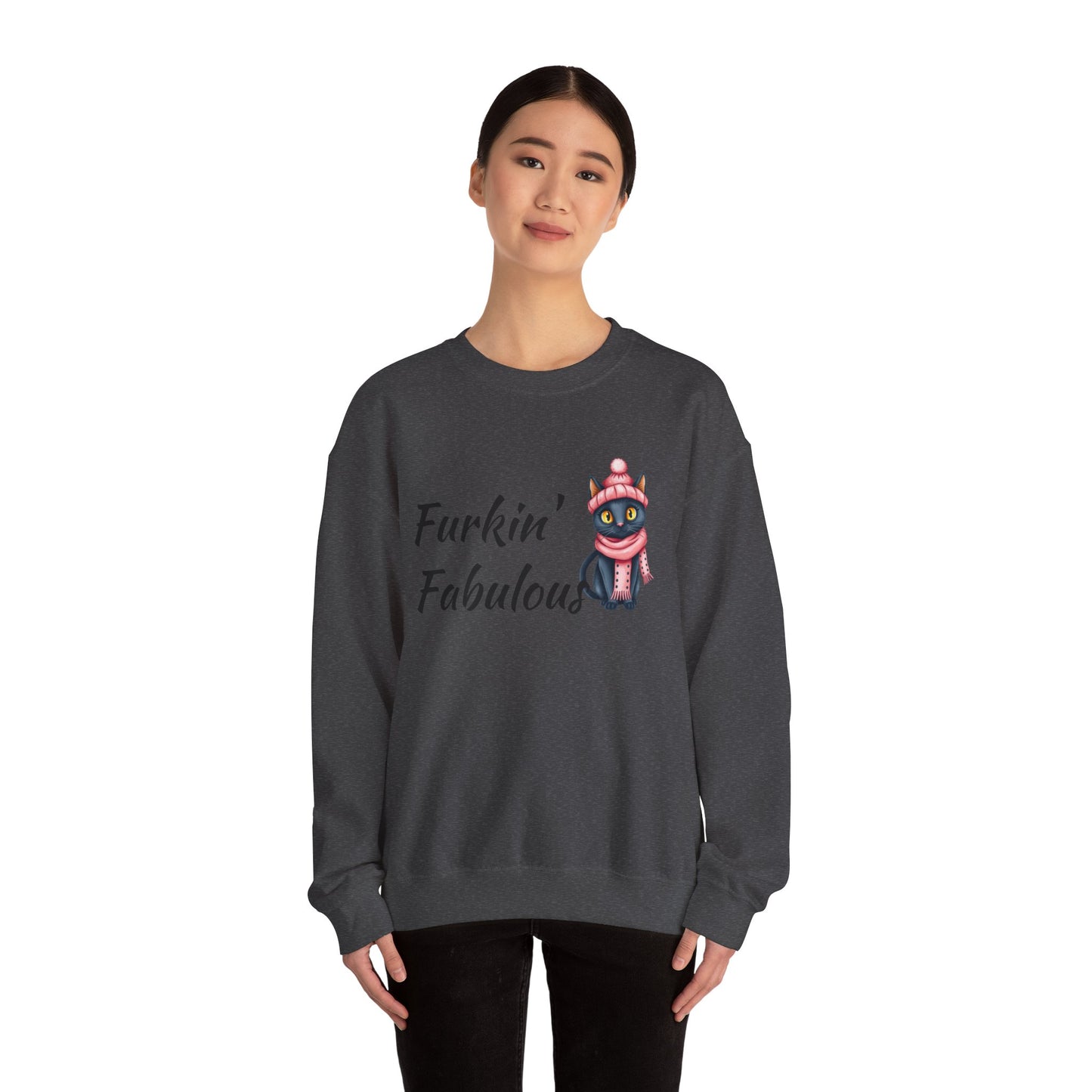 Crewneck Sweatshirt — "Furkin' Fabulous" Cute Black Cat in Pink Hat & Scarf