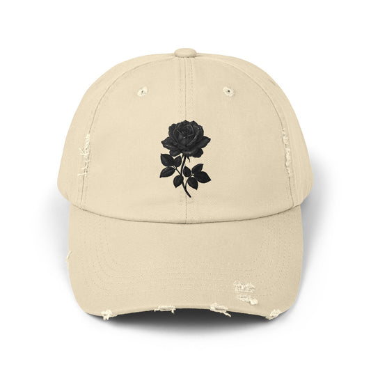 Unisex Distressed Rose Cap | Vintage Black Hat, Casual Wear, Gift for Him/Her, Trendy Outdoors Cap, Perfect for Summer