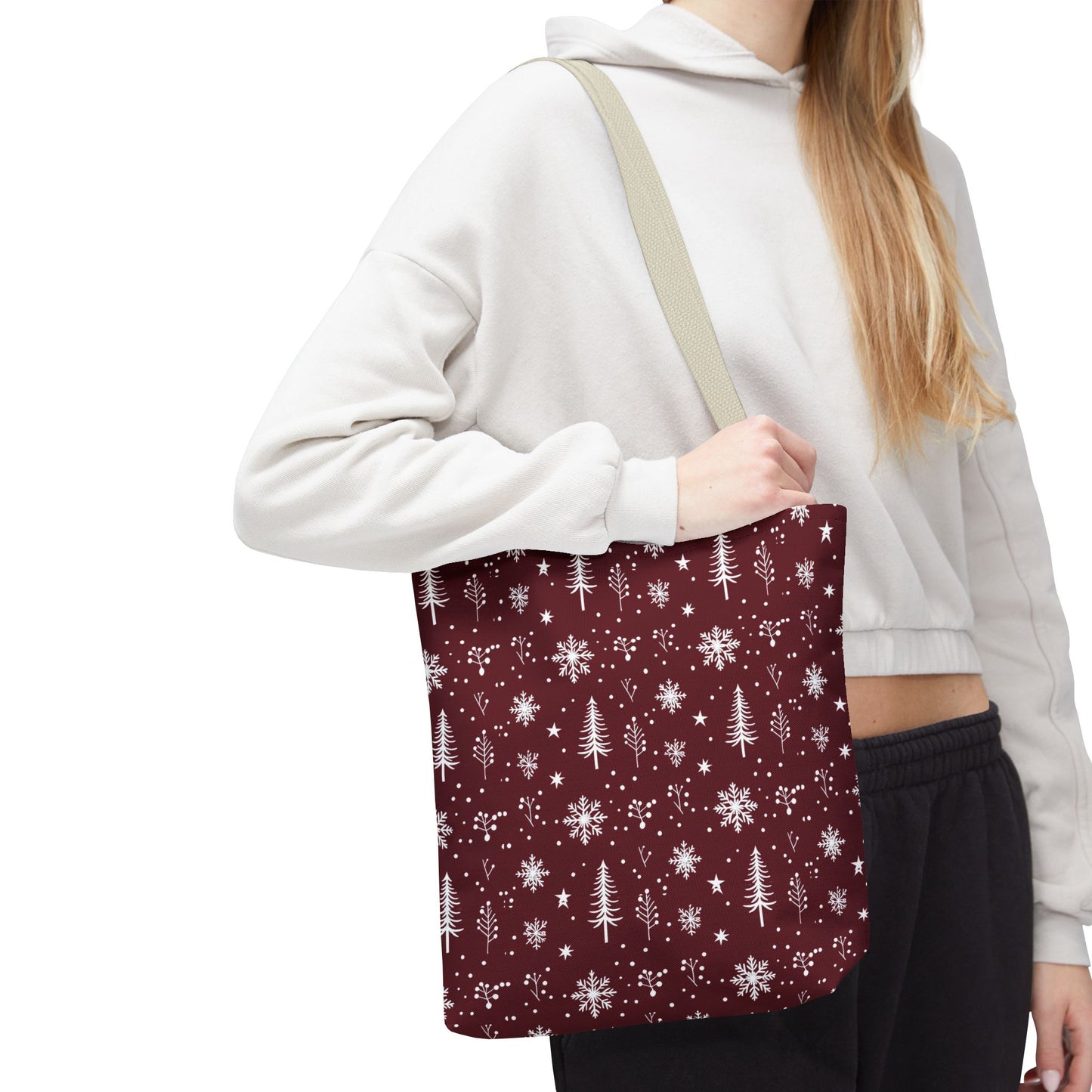 Christmas Snowflake Tote Bag – Burgundy Holiday Patterned Carryall