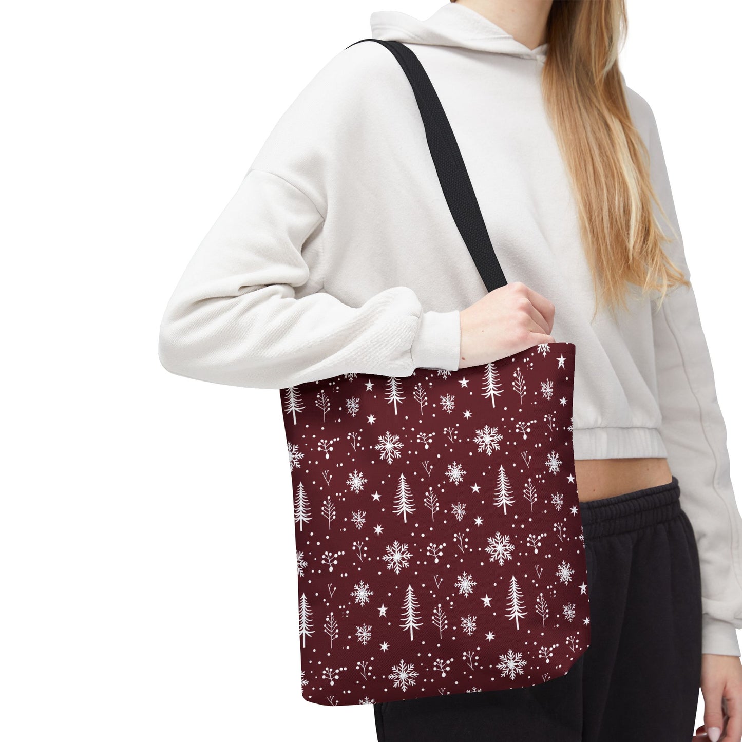 Christmas Snowflake Tote Bag – Burgundy Holiday Patterned Carryall