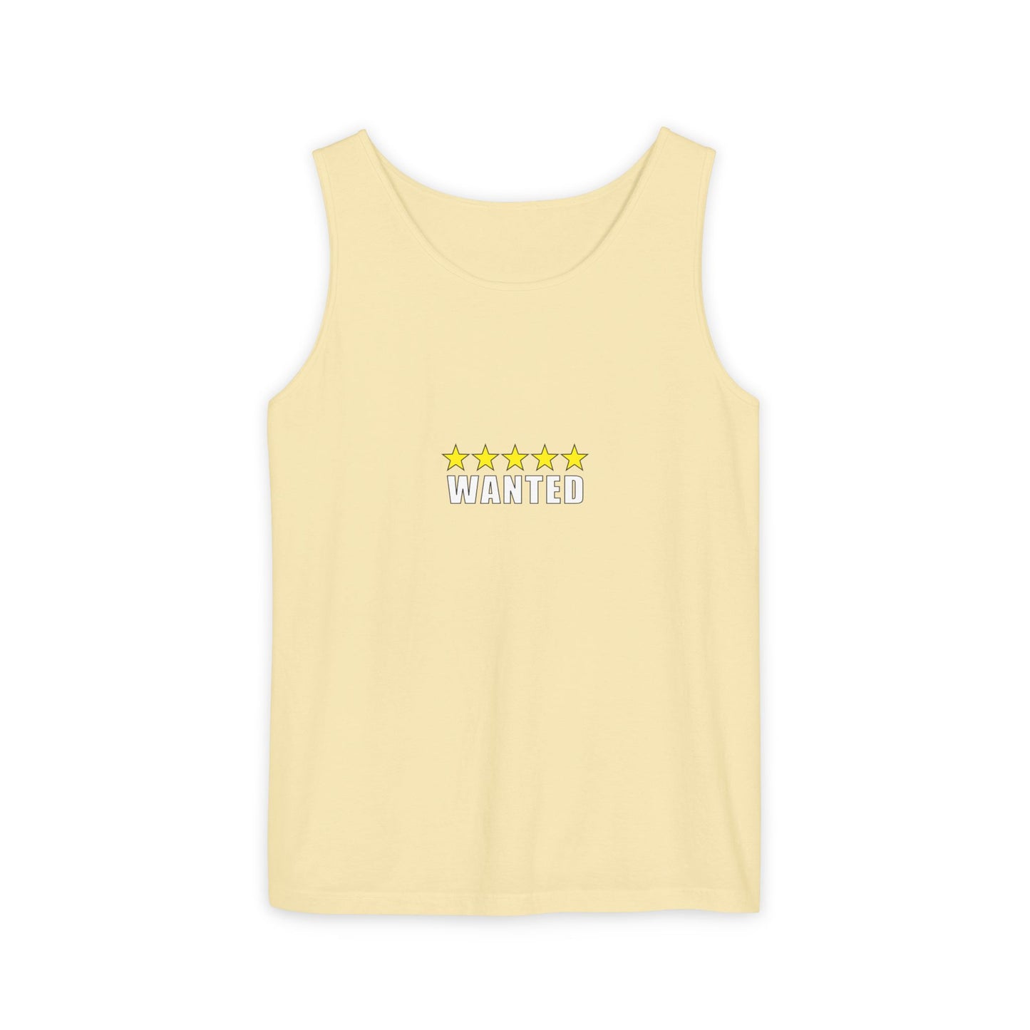 5-Star "WANTED" Garment-Dyed Tank Top, Unisex Summer Shirt, Gift for Him/Her, Trendy Casual Wear, Pool Party Outfit, Unique Graphic Tee