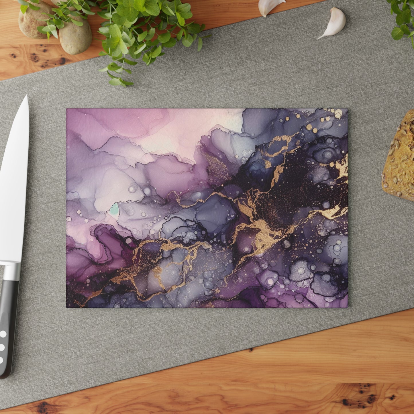 Purple Marble Glass Cutting Board – Abstract Gold Vein Kitchen Board