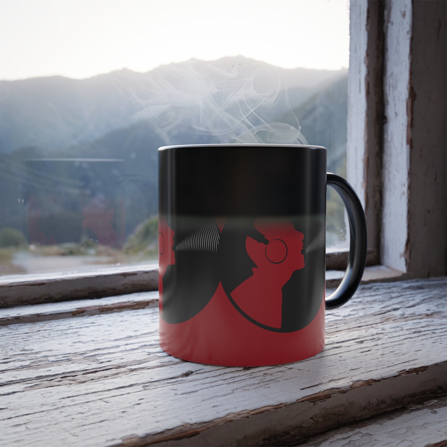 Color Morphing Mug for Music Lovers, Unique Gift for Birthdays, Fun Drinkware, Red & Black Design, Creative Coffee Mug