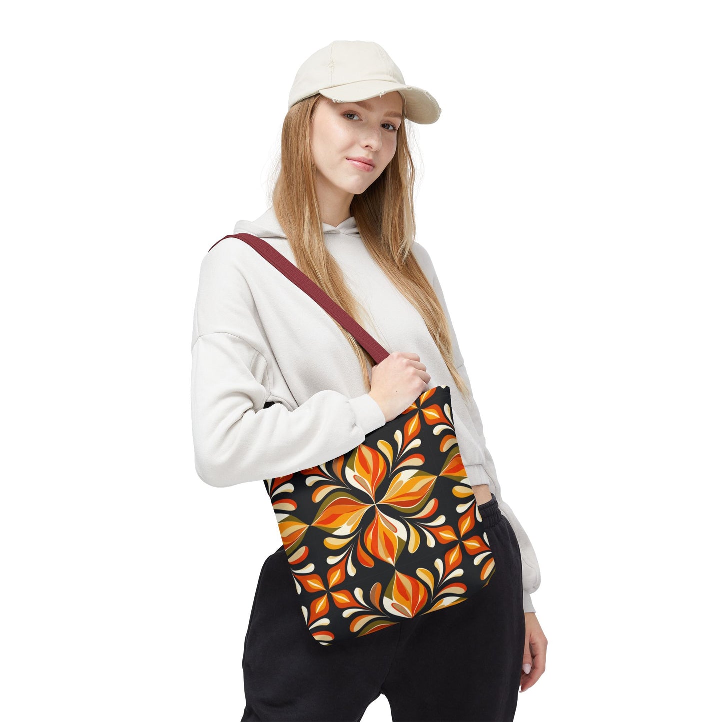 Retro Floral Tote Bag — Orange & Black Boho Pattern