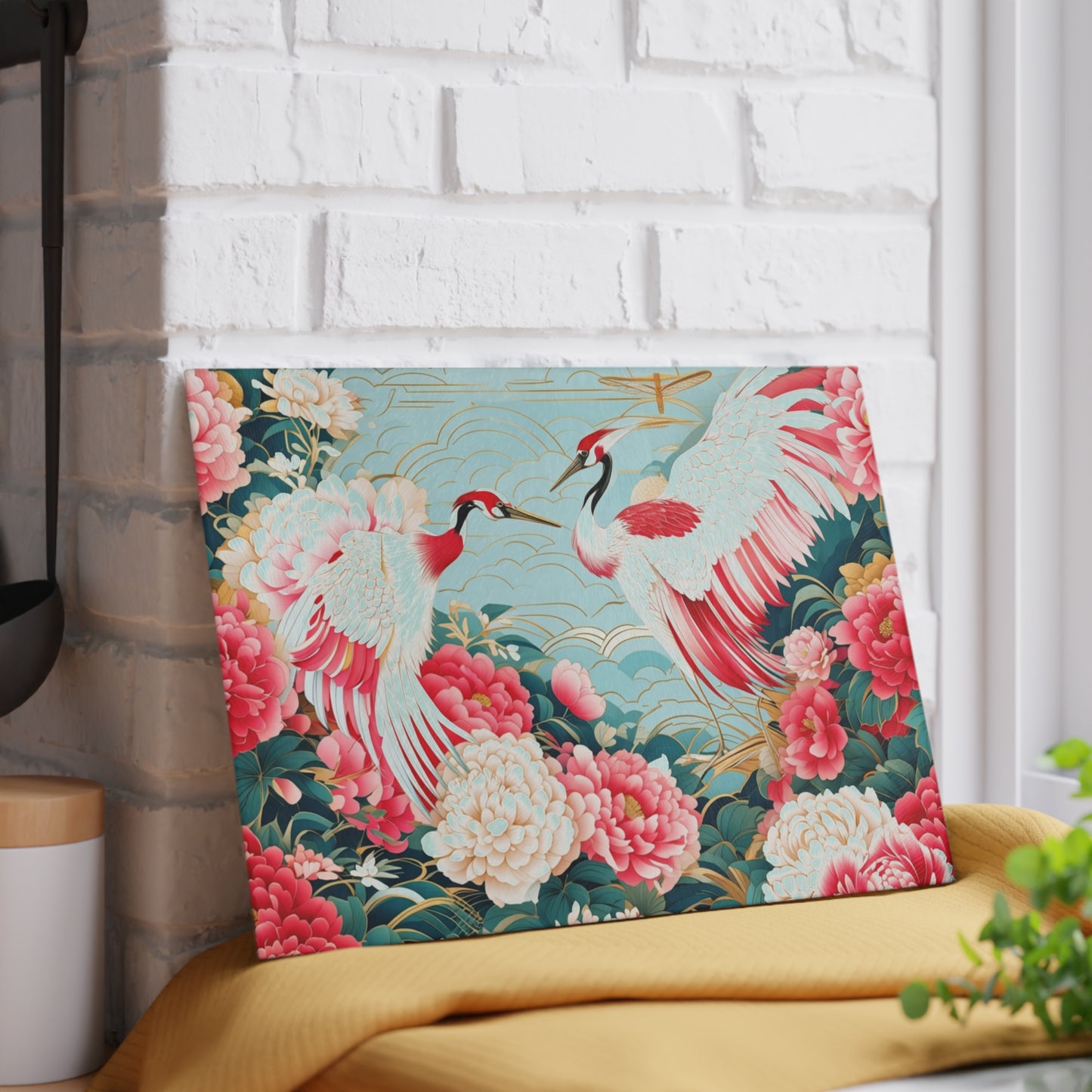 Glass Cutting Board — Elegant Cranes & Peonies Floral Kitchen Trivet