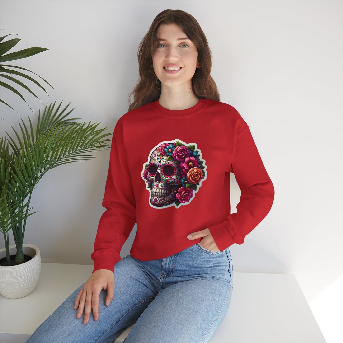 Sugar Skull Crewneck Sweatshirt — Floral Day of the Dead Graphic