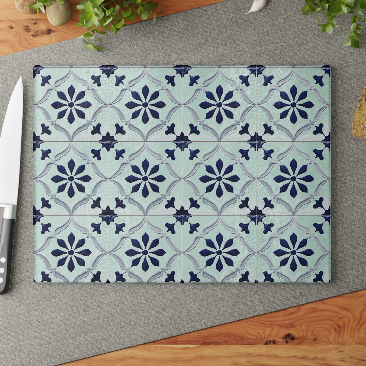 Floral Tile Glass Cutting Board — Blue Patterned Kitchen Trivet