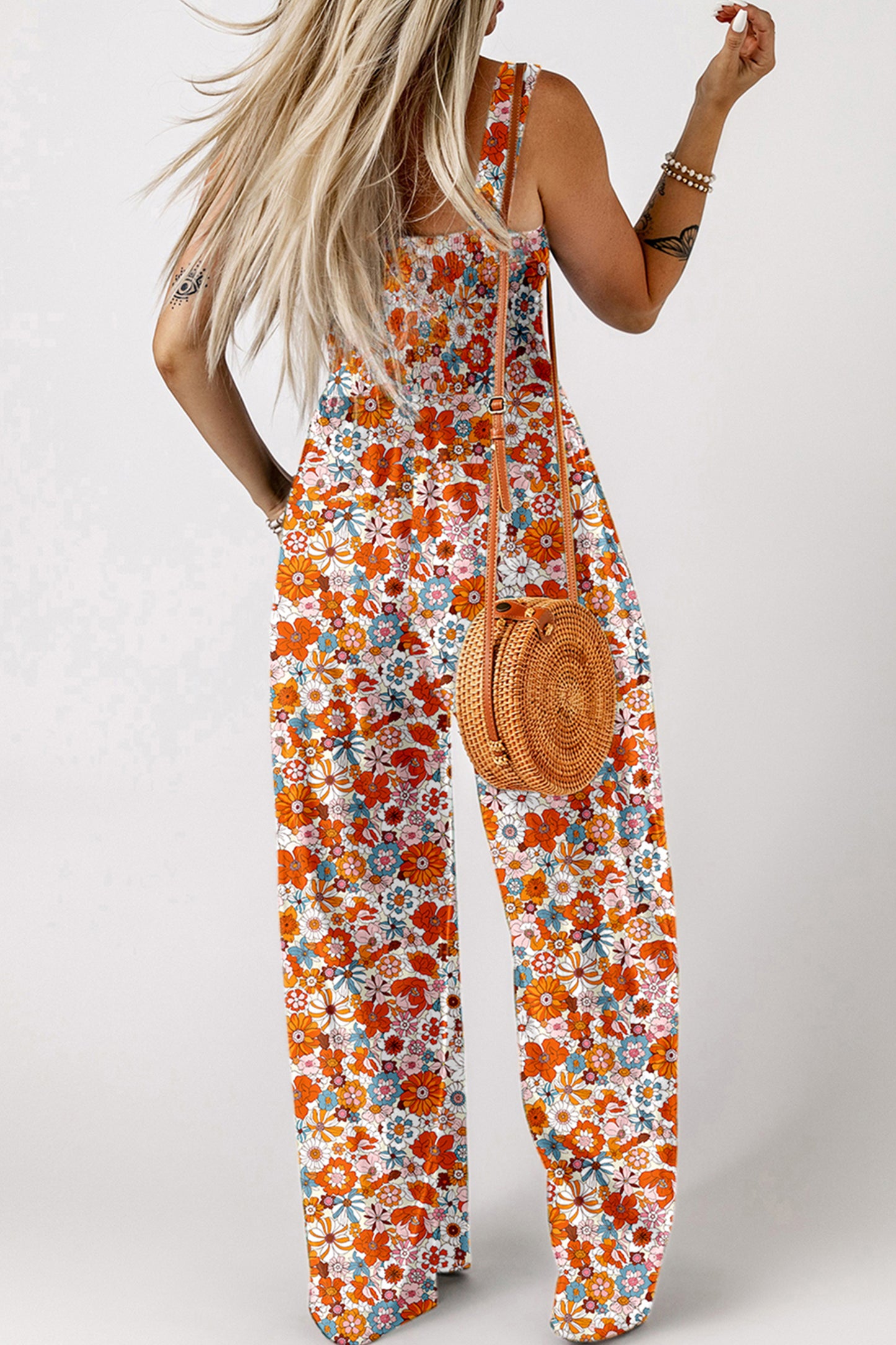 Women's Casual Loose Overalls Jumpsuits Sleeveless Floral Printed Wide Leg Full Length Rompers Pockets 100% Viscose
