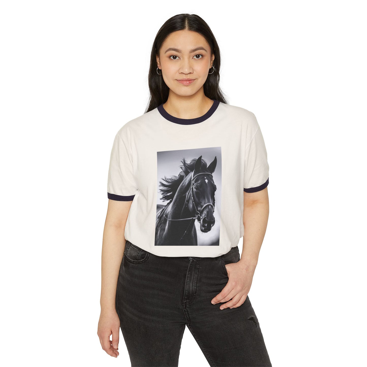 Horse Portrait Ringer T-Shirt — Black Stallion Graphic Tee for Equestrian Lovers
