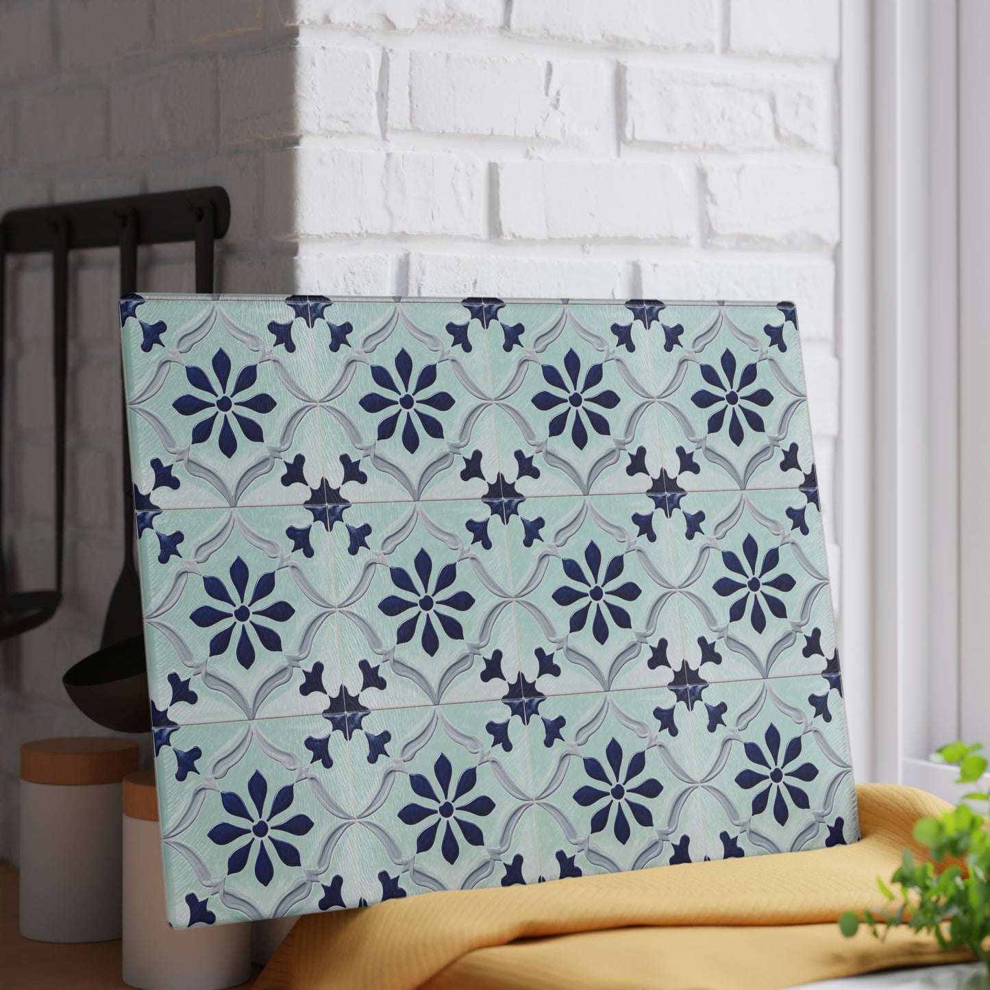 Floral Tile Glass Cutting Board — Blue Patterned Kitchen Trivet