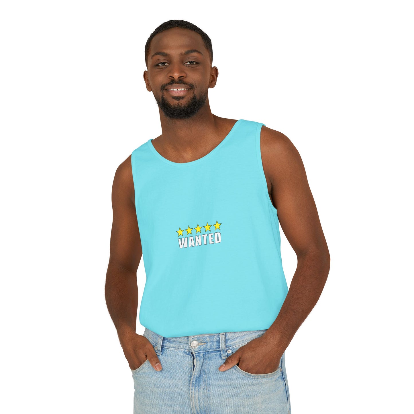 5-Star "WANTED" Garment-Dyed Tank Top, Unisex Summer Shirt, Gift for Him/Her, Trendy Casual Wear, Pool Party Outfit, Unique Graphic Tee