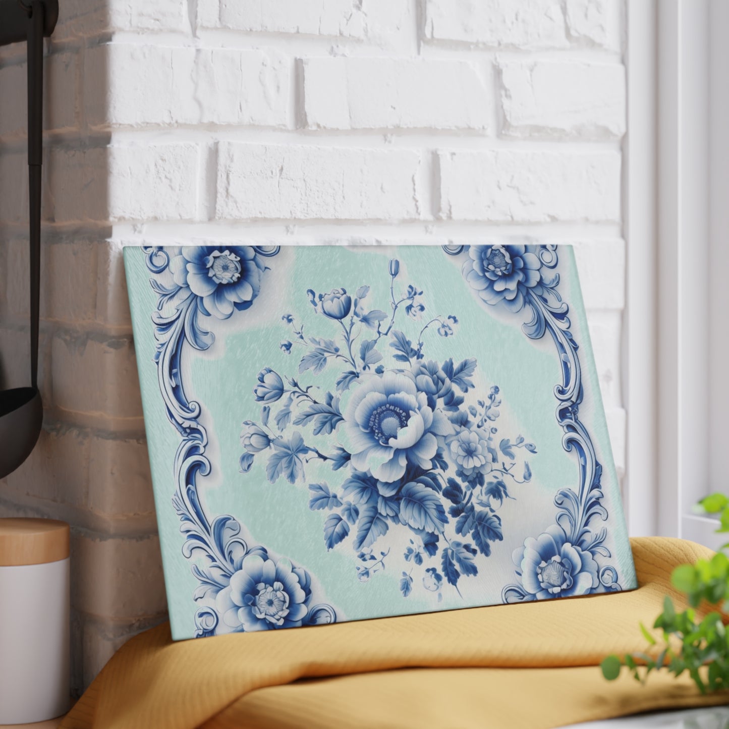 Blue Floral Glass Cutting Board — Vintage Delft-Style Kitchen Serving & Chopping Board