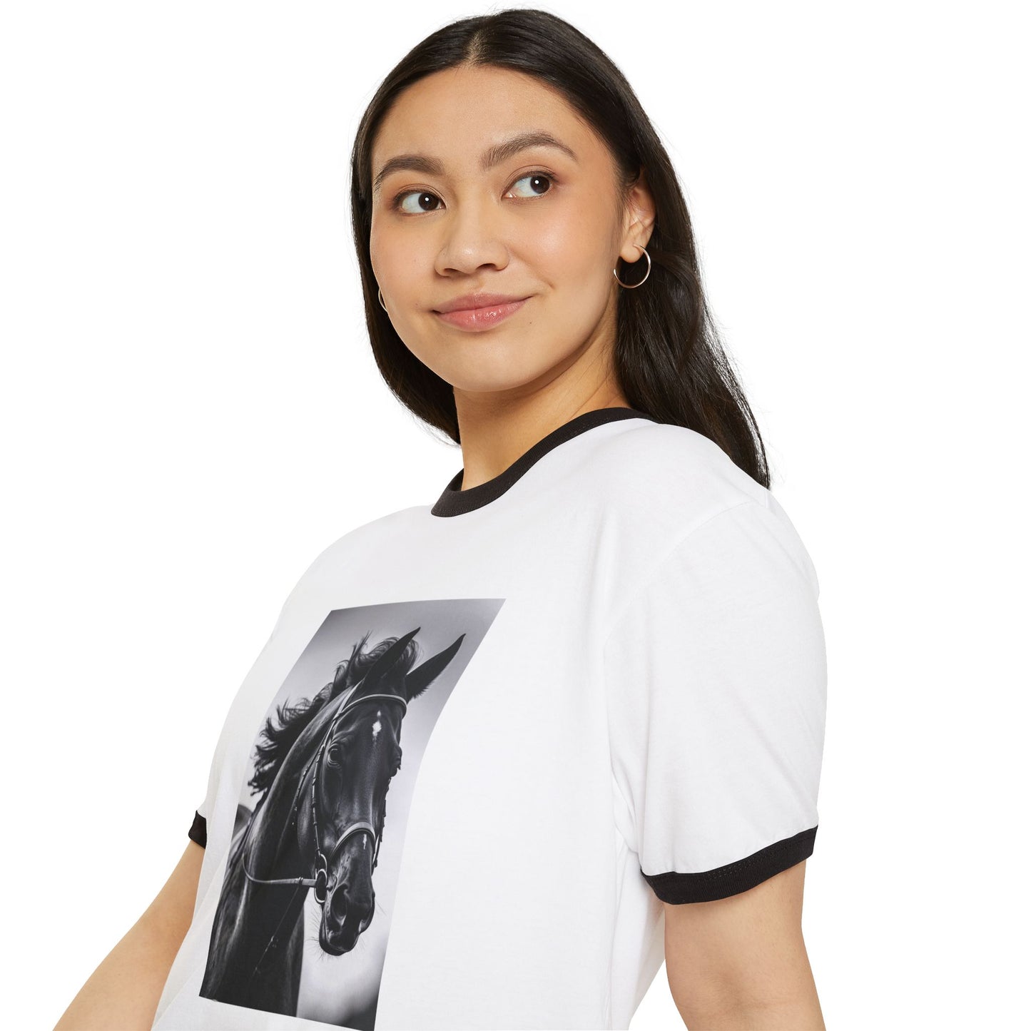 Horse Portrait Ringer T-Shirt — Black Stallion Graphic Tee for Equestrian Lovers