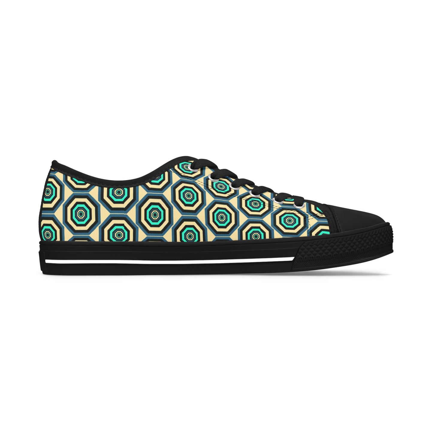 Geometric Retro Hexagon Women's Low Top Sneakers — Green Teal Patterned Canvas Shoes