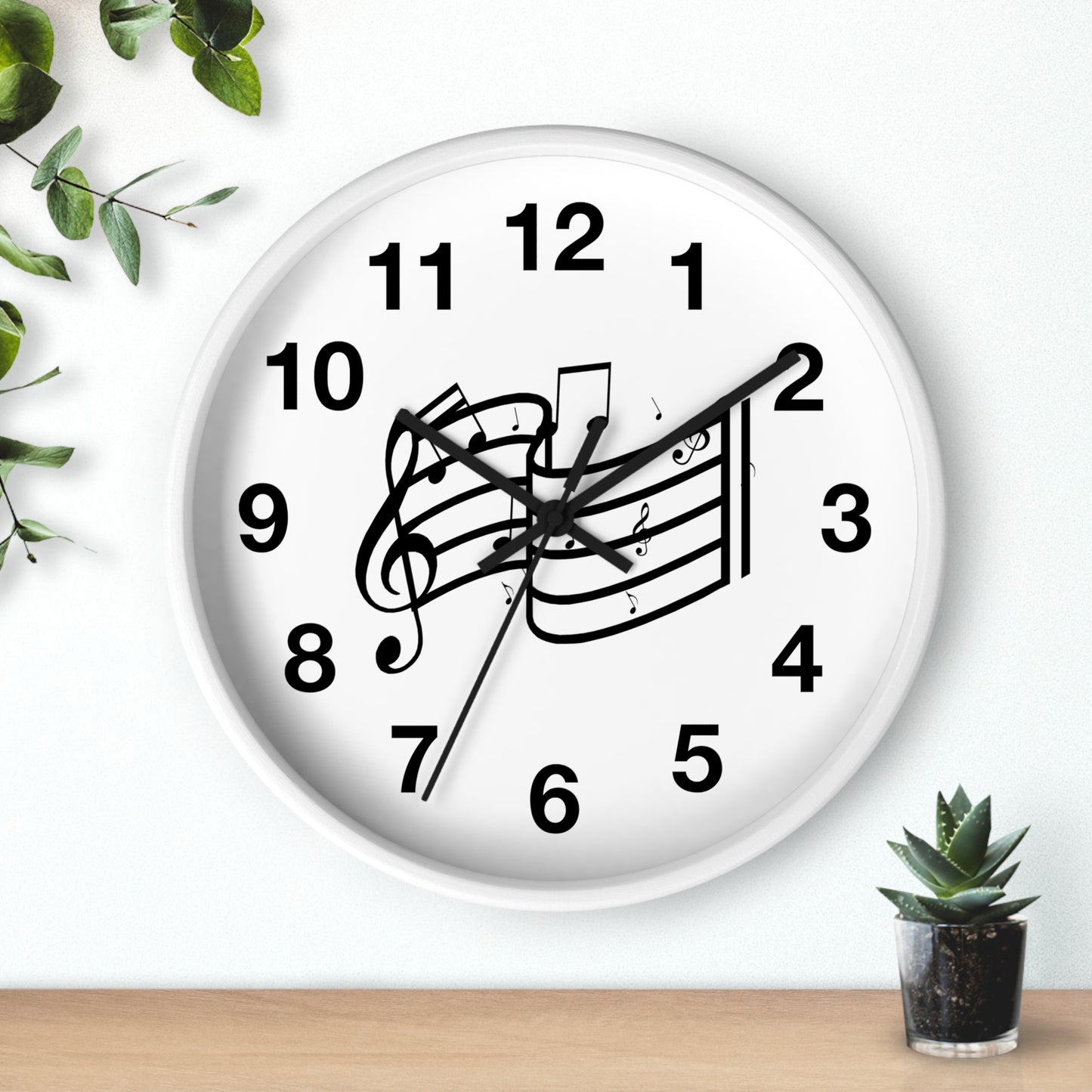 Music Notes Wall Clock — Black & White Treble Clef Timepiece for Music Lovers