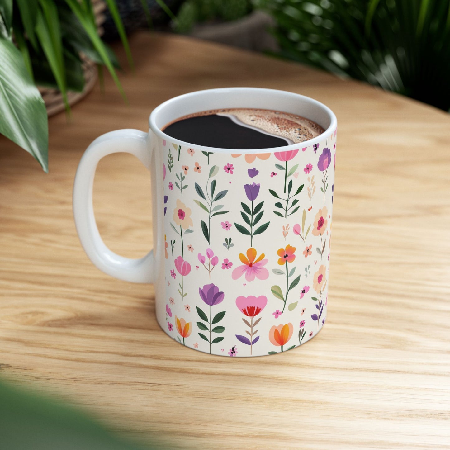 Floral Pattern Ceramic Mug — Pink Spring Flowers 11oz & 15oz