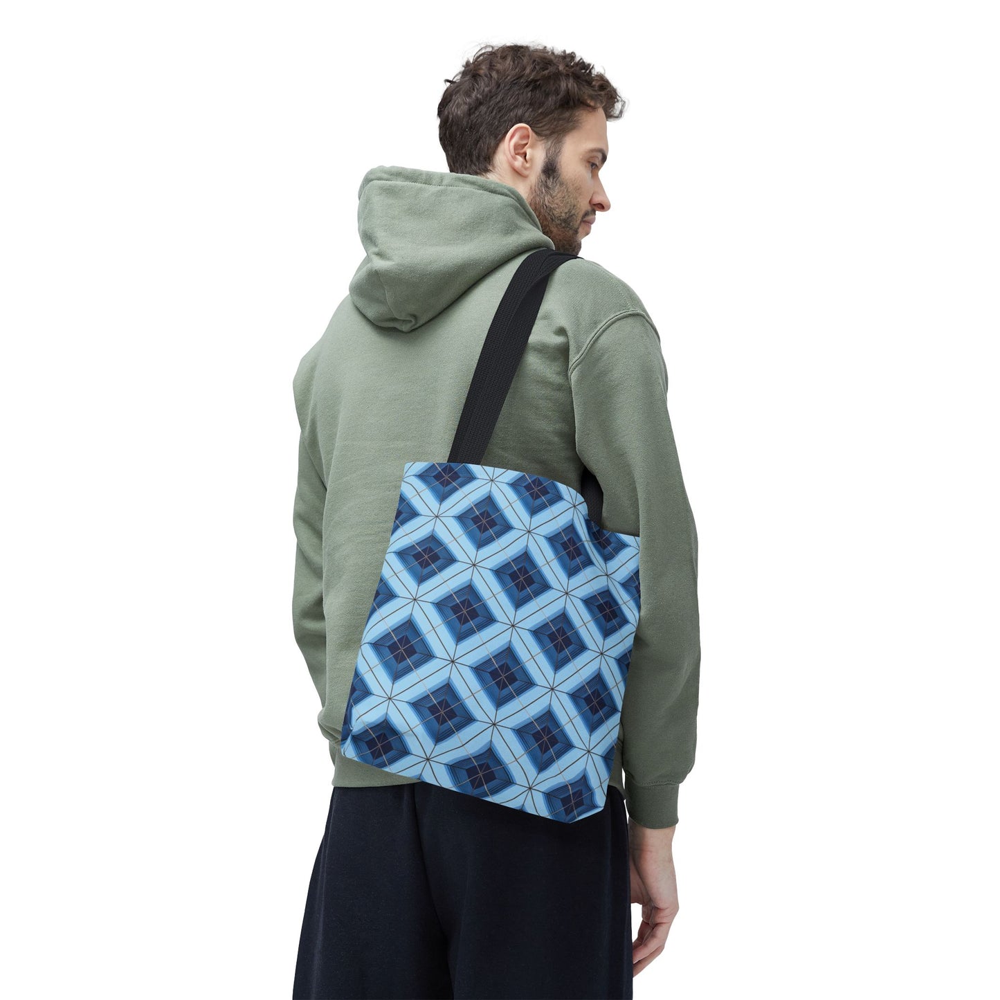Blue Geometric Tote Bag — Repeating Diamond Pattern AOP