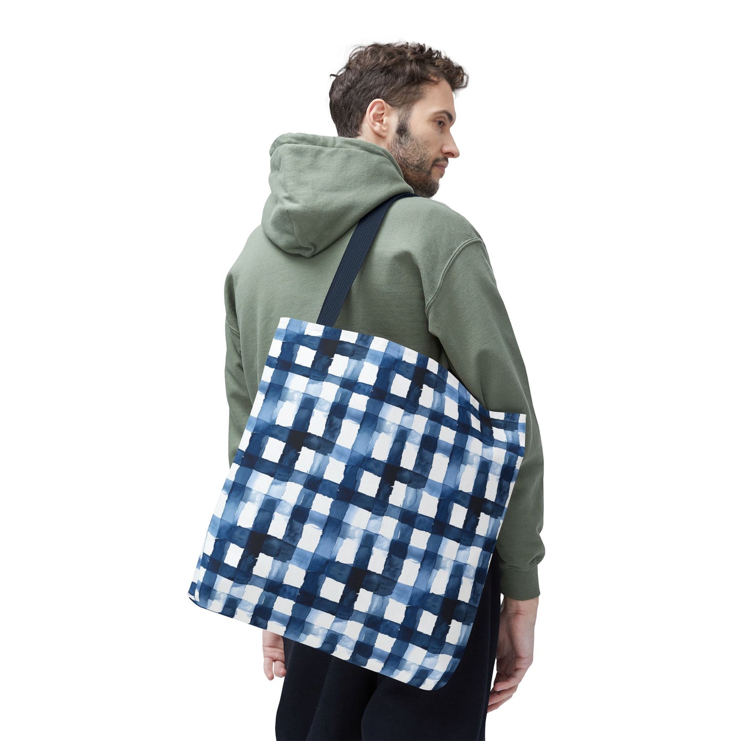 Blue Watercolor Plaid Tote Bag — Navy Check Pattern All-Over Print