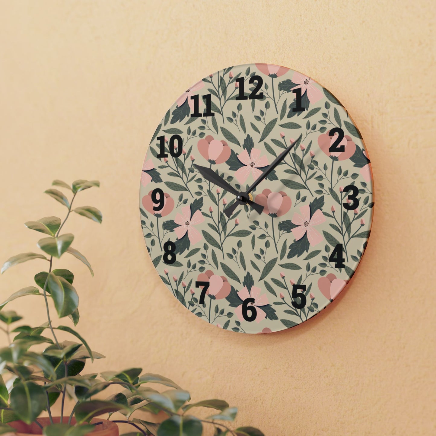 Floral Acrylic Wall Clock - Nature-Inspired Home Decor, Bohemian Wall Art
