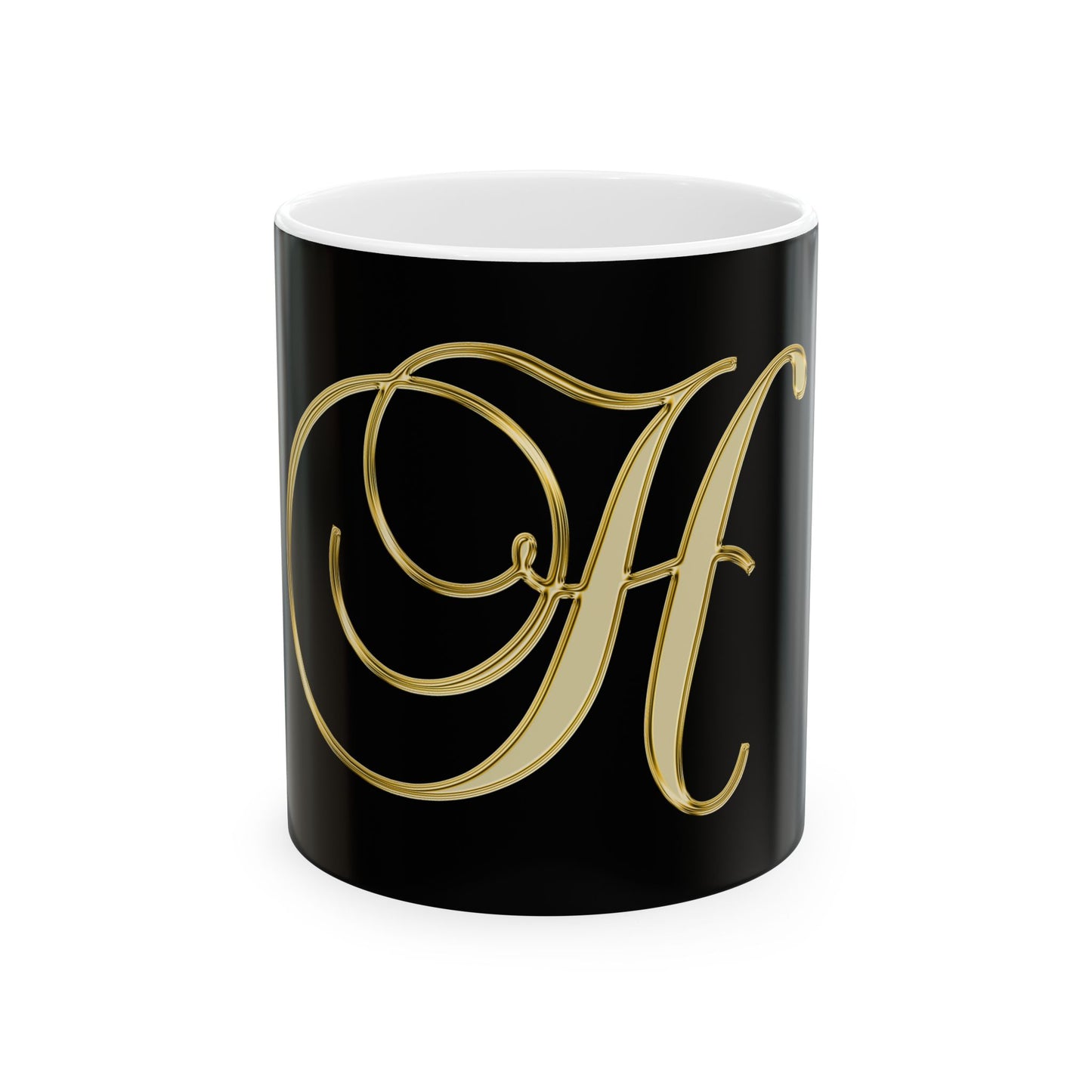 Monogram H Gold Letter Ceramic Mug — Elegant Initial H Coffee Cup (11oz & 15oz)