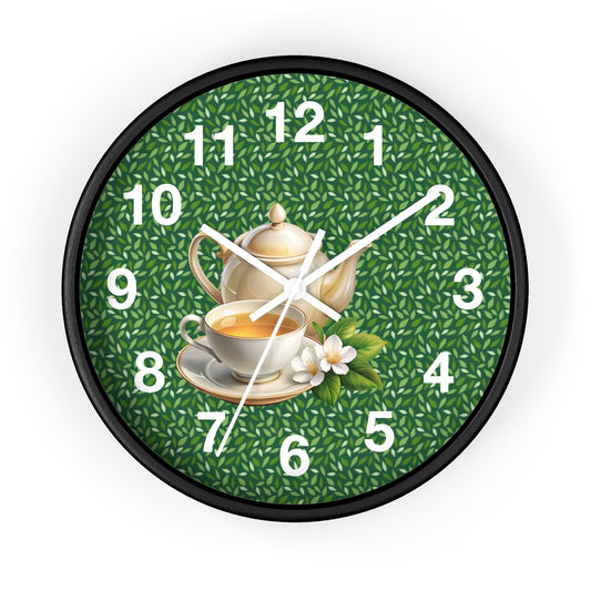Tea Time Wall Clock, Home Decor, Gift for Tea Lovers, Kitchen Clock, Greenery Design, Vintage Style Decor, Hygge Home Accent
