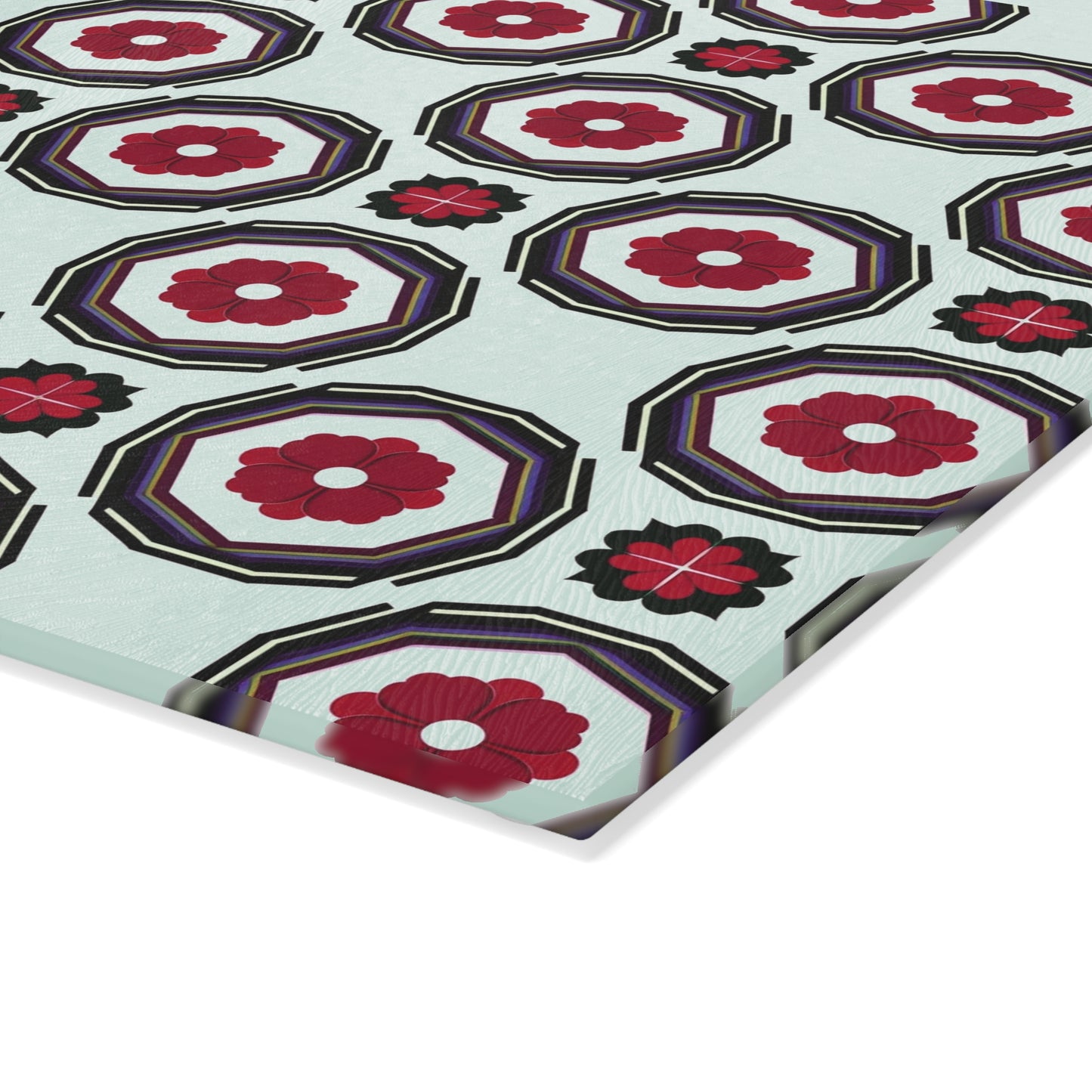 Retro Geometric Glass Cutting Board — Mint & Burgundy Pattern