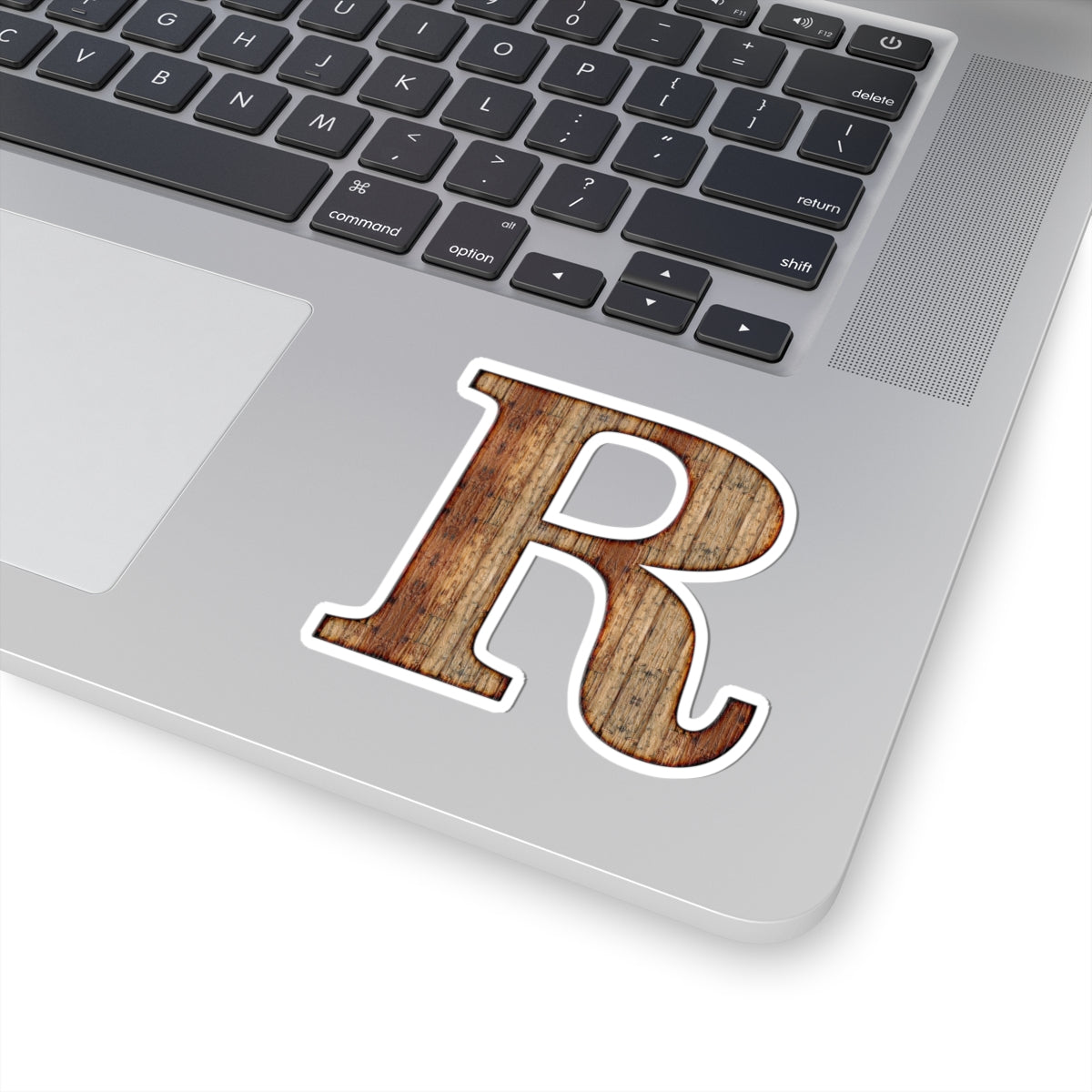 Woodgrain Letter R Kiss-Cut Sticker — Rustic Monogram Laptop Decal