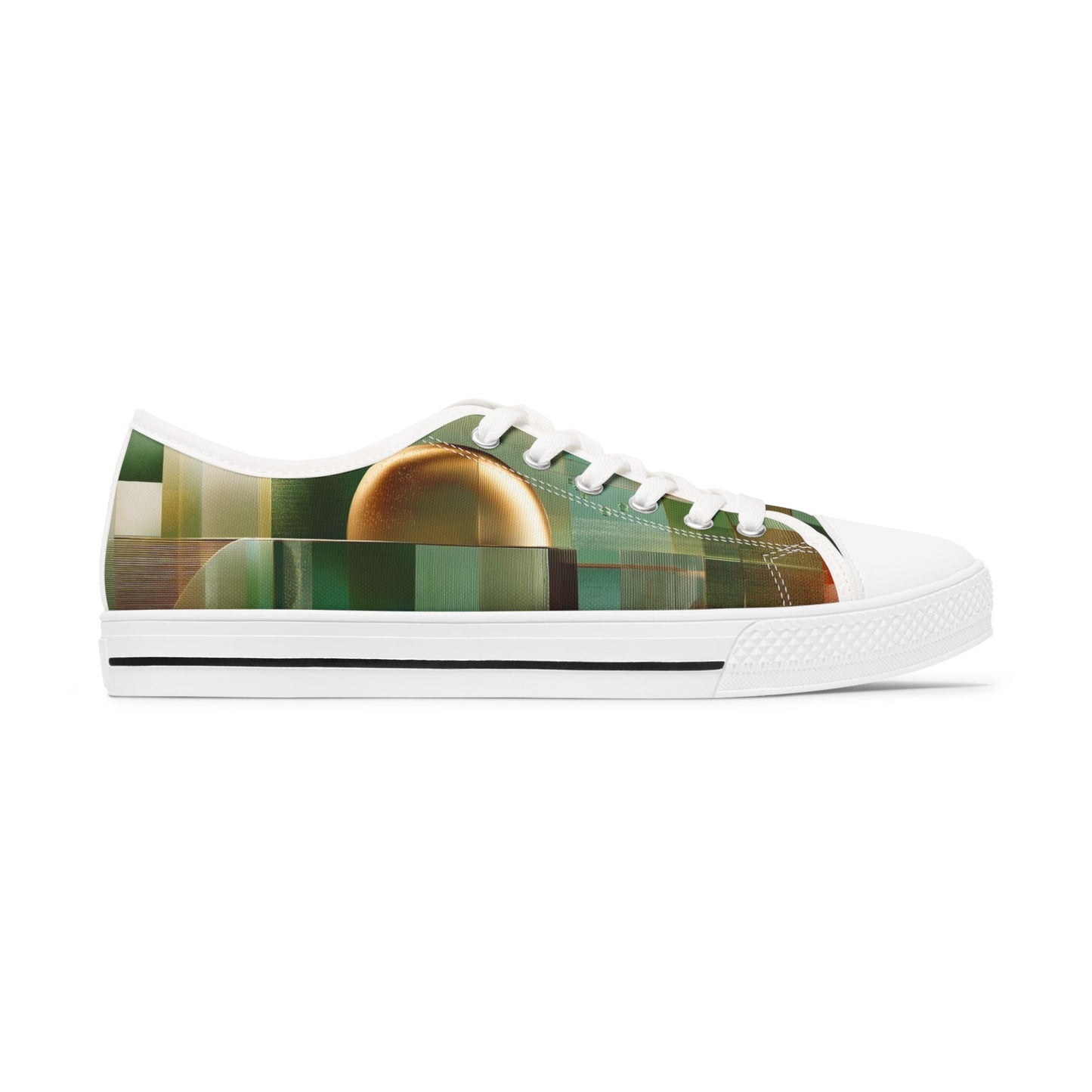 Low Top Sneakers — Green Abstract Geometric with Gold Orb Design