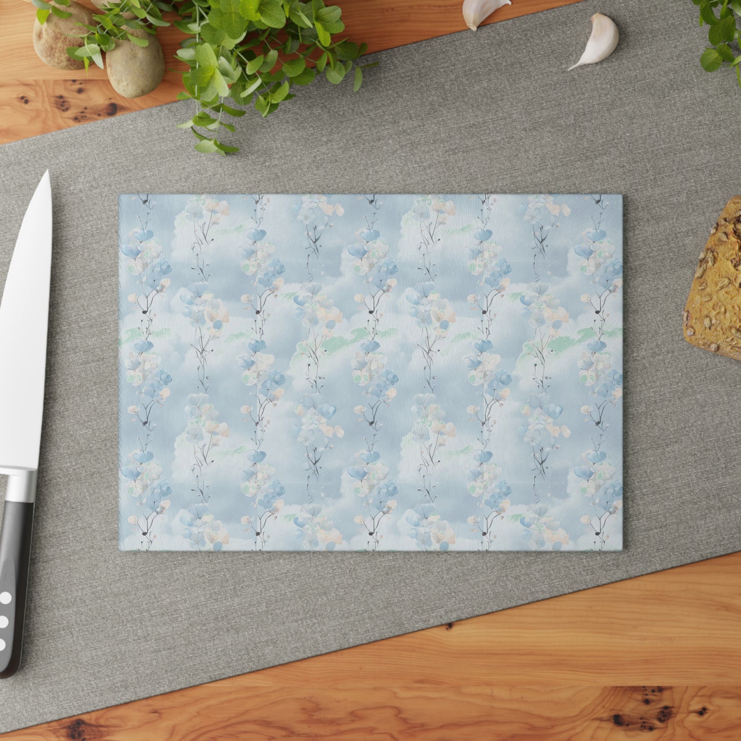 Glass Cutting Board — Soft Blue Watercolor Floral Pattern