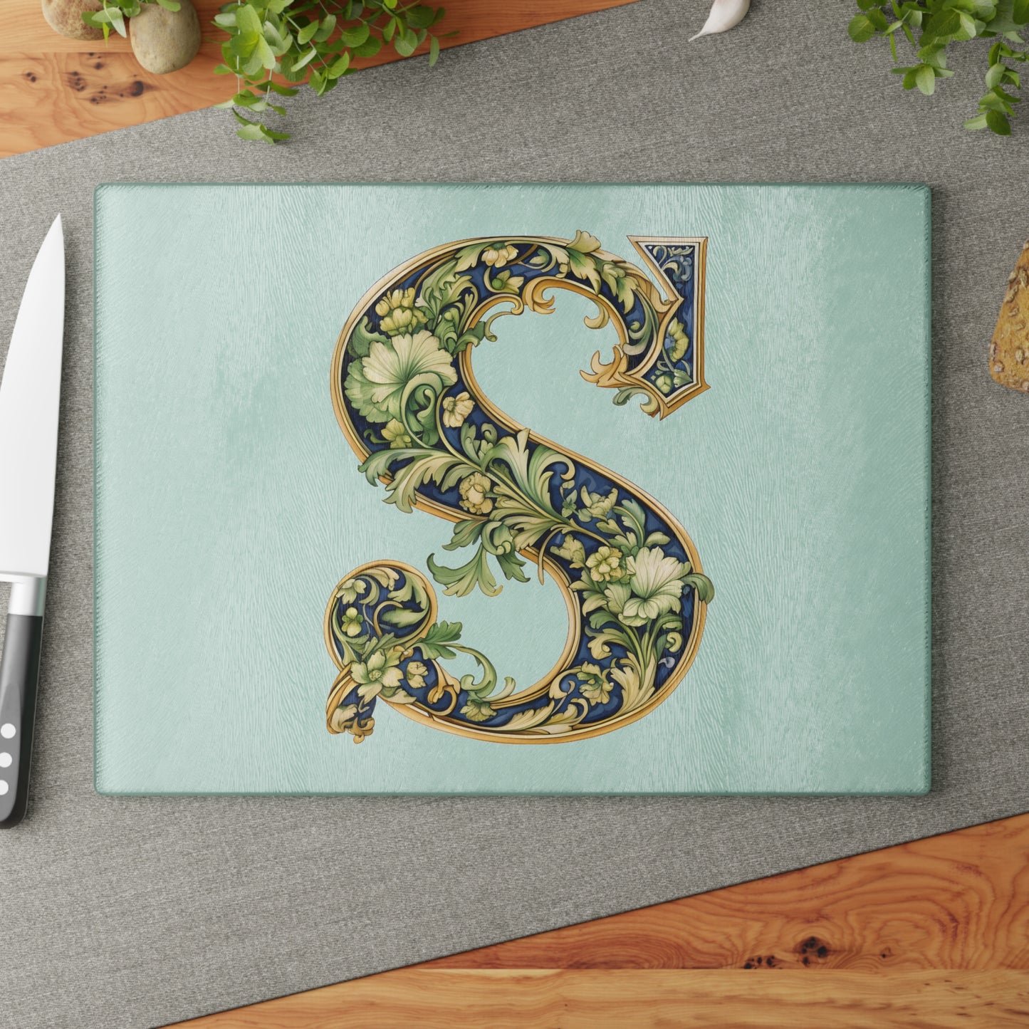 Monogram S Floral Glass Cutting Board – Decorative Initial S Kitchen Board