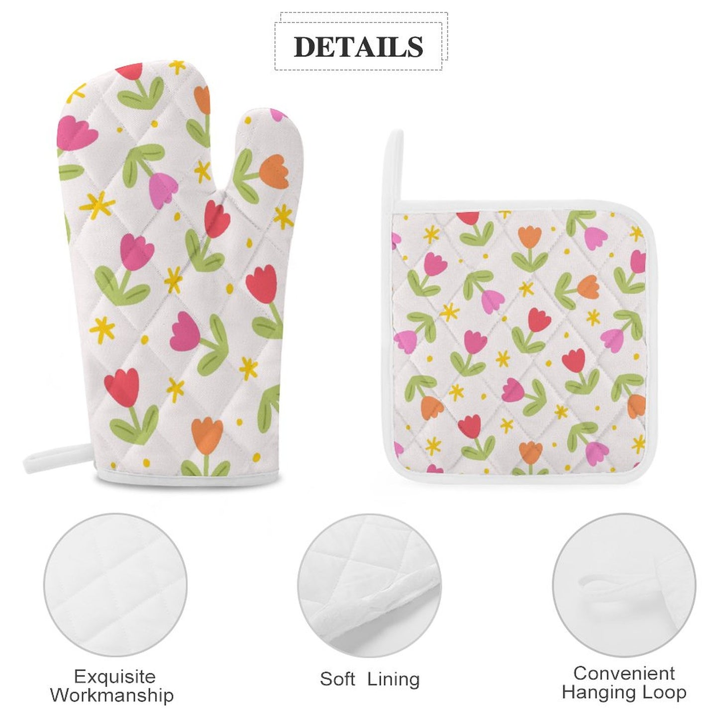 Oven Mitts & Pot Holder Set of 3 Tulips