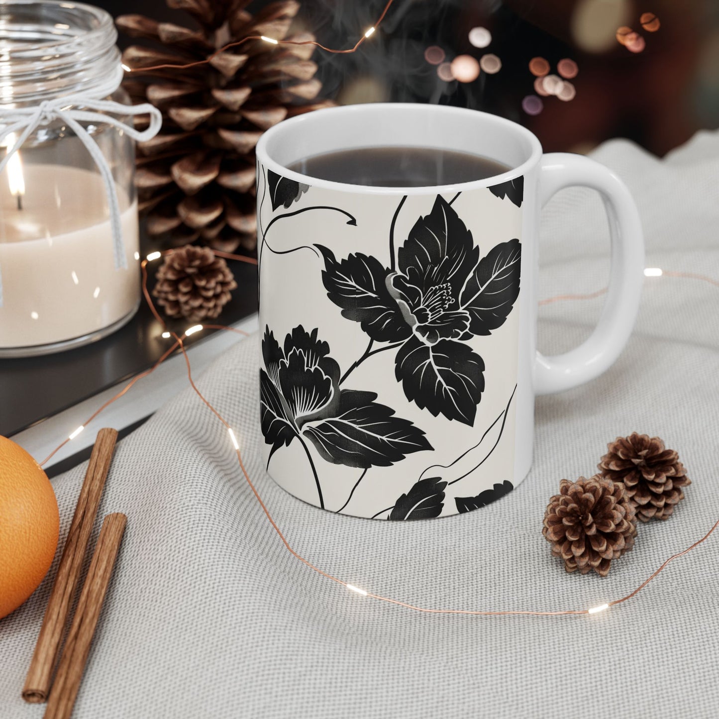 Black Floral Ceramic Mug — Monochrome Vintage Flower Coffee Cup (11oz & 15oz)