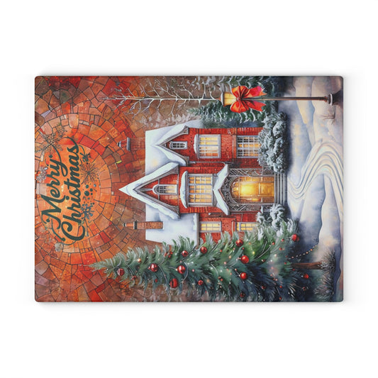 Christmas Cottage Glass Cutting Board — Merry Christmas Holiday Kitchen Decor