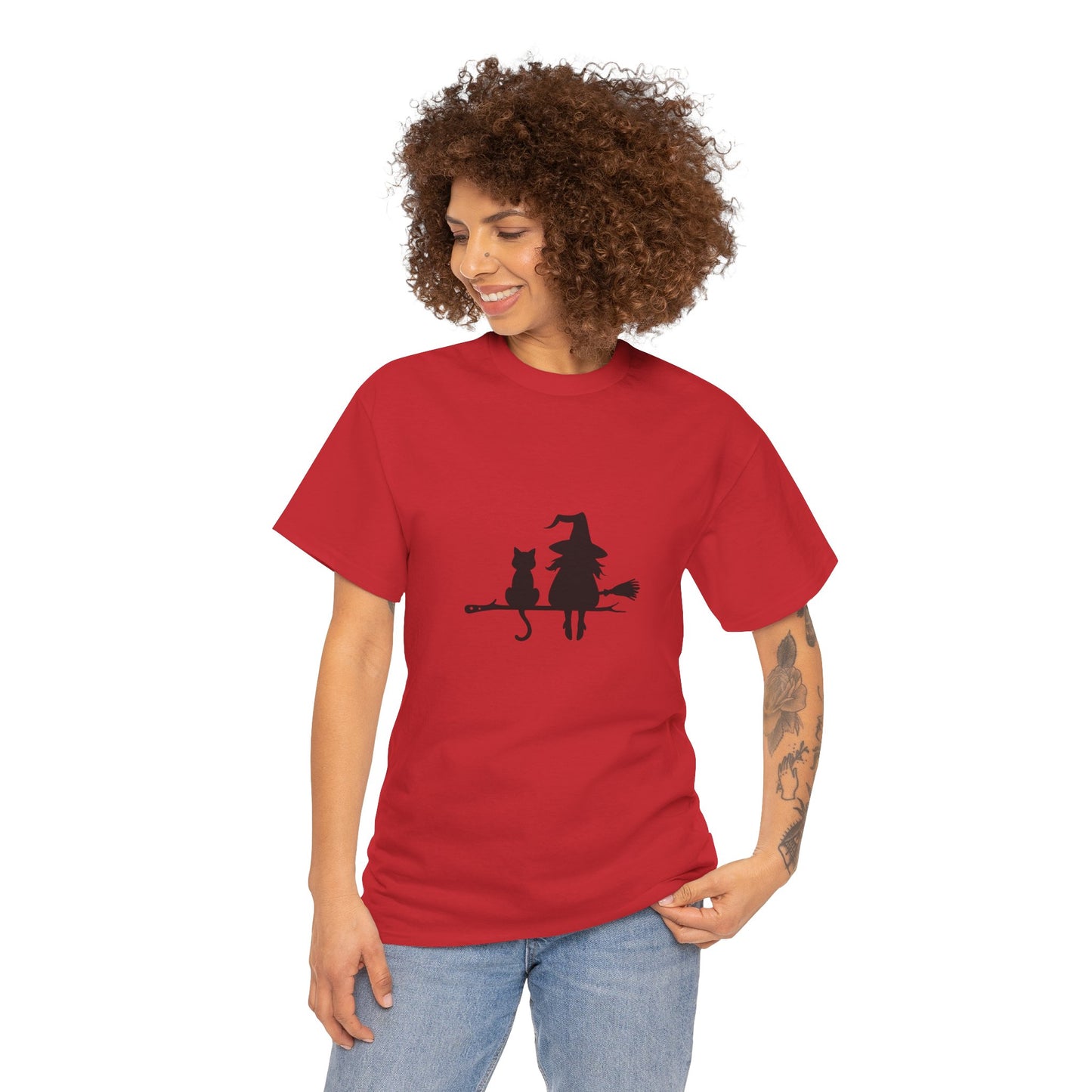 Witch and Cat Tee | Spooky Unisex Shirt for Halloween | Cute Witchwear for Cat Lovers | Fall Wardrobe Essential | Gift for Magical Friends