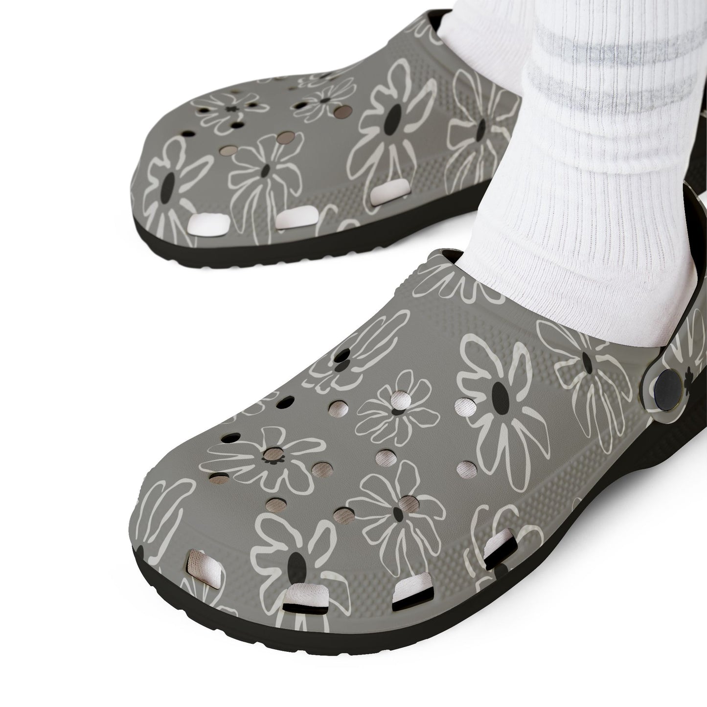 Gray Floral EVA Foam Clogs — Lightweight Garden & Casual Slip-On Shoes