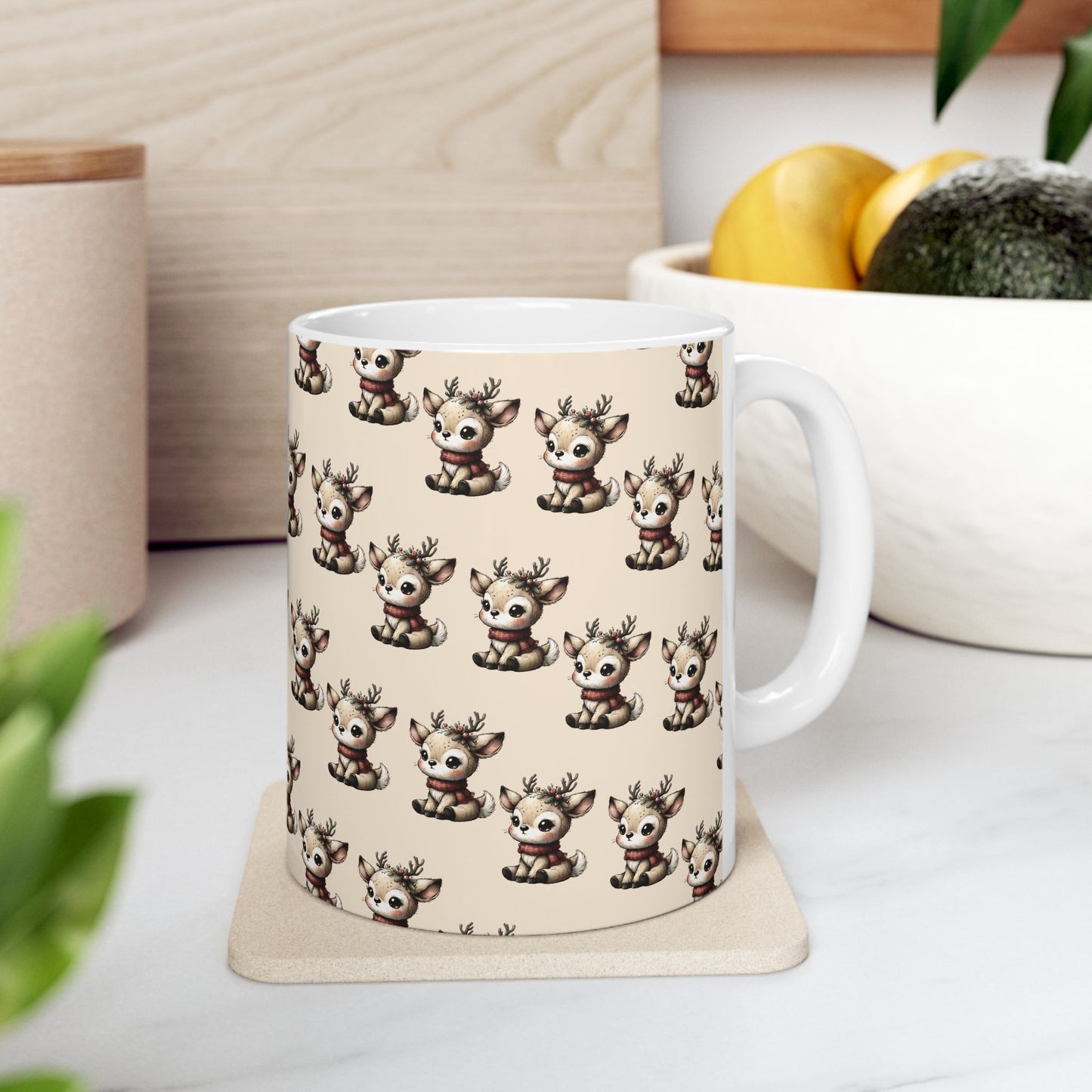 Cute Reindeer Pattern Ceramic Mug – Christmas Holiday Coffee Cup (11oz, 15oz)