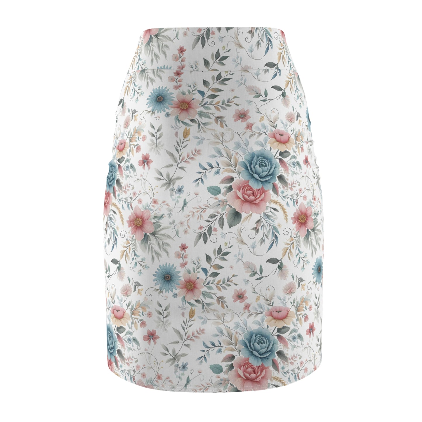 Floral Vintage Pencil Skirt — Pastel Rose & Blue Garden Print