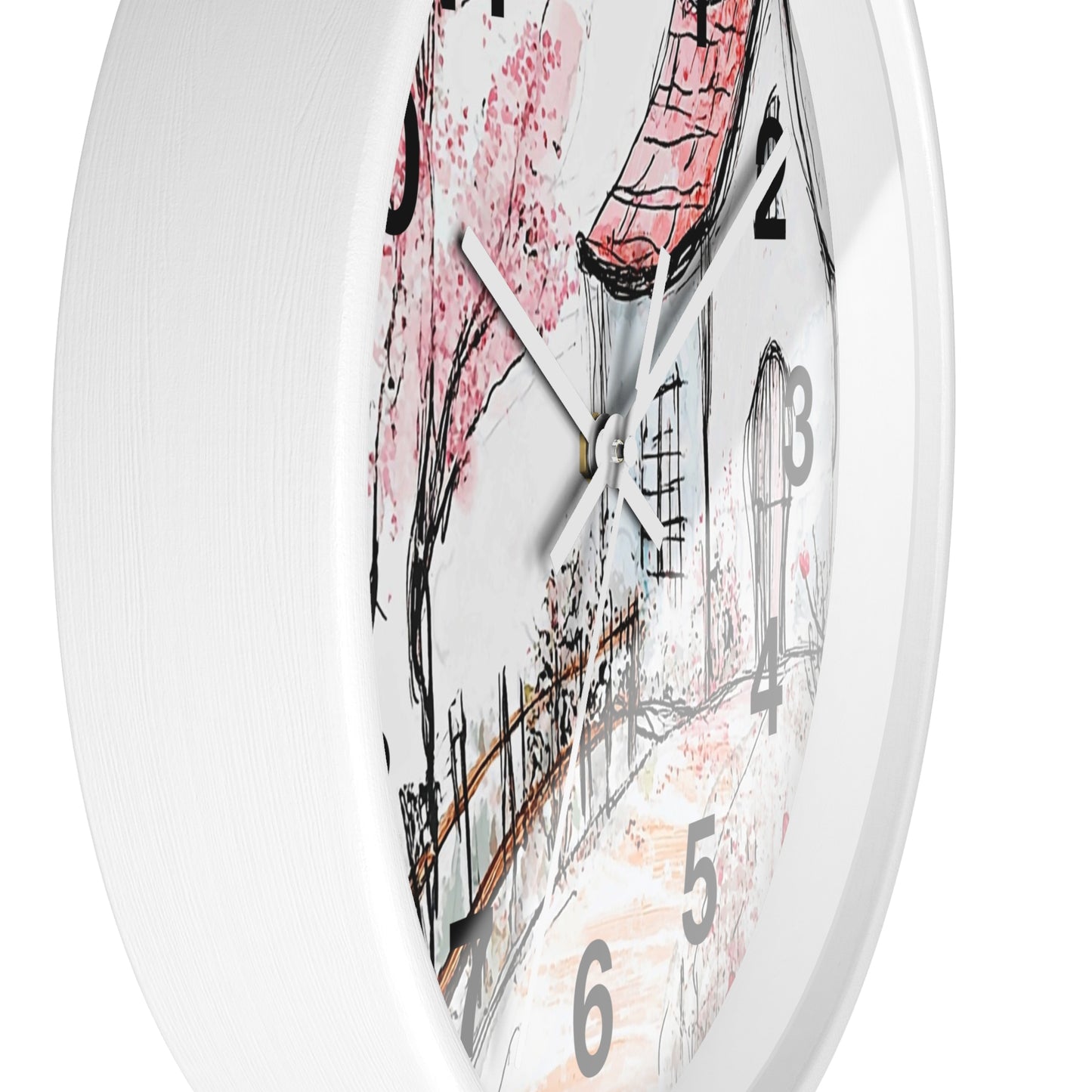 Cottage Garden Wall Clock — Hand-Drawn Pink Blossom Scene